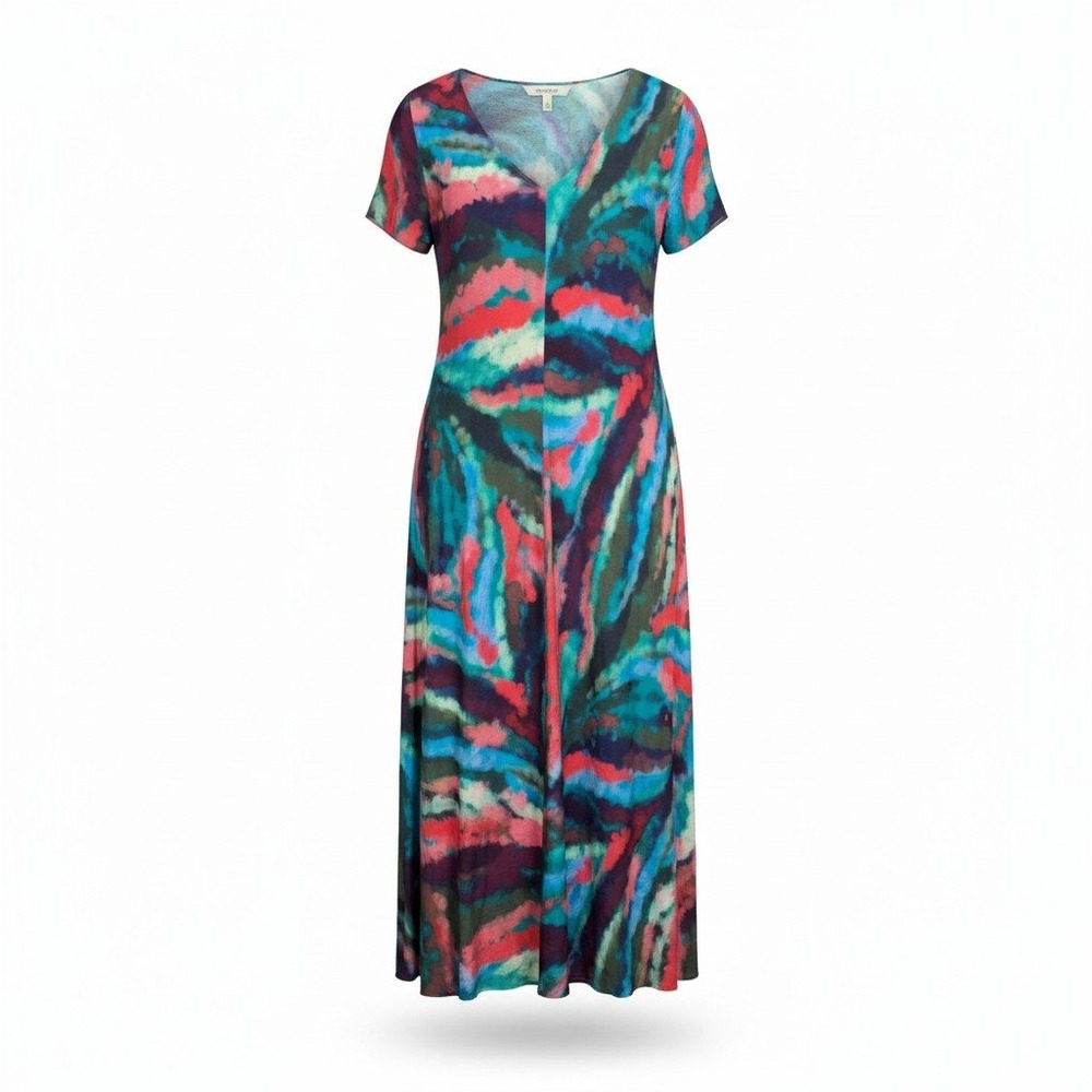 Soft Surroundings Midi Dress Womens 1X Multi Color V-Neck Rayon Watercolor Artsy